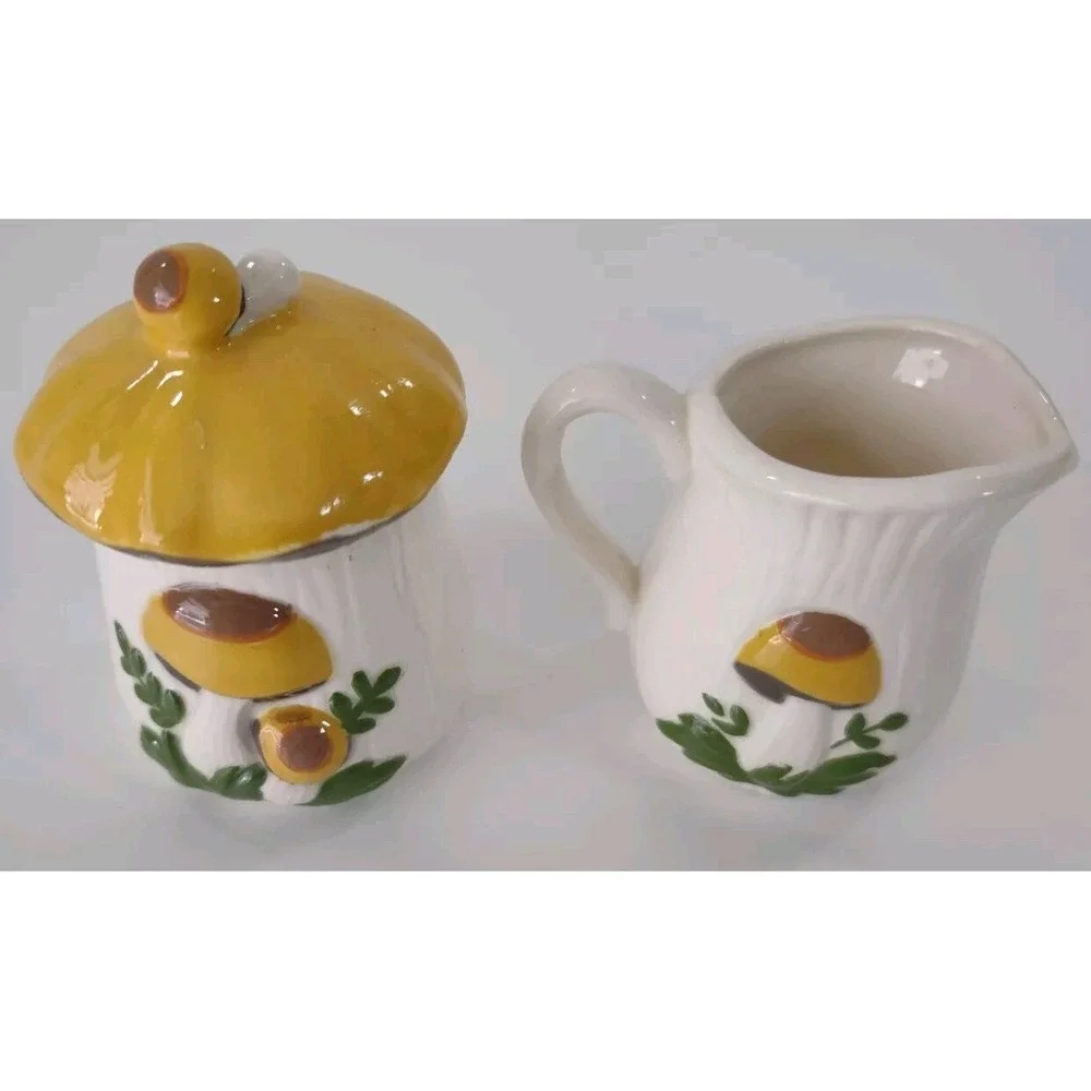 Vintage Arnel's Mushroom Cream & Sugar Set Dishes Creamer Sugar Bowl w/lid 2.5